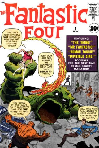 A capa de "Fantastic Four 01", de 1961, por Lee e Kirby: marco zero do Universo Marvel.