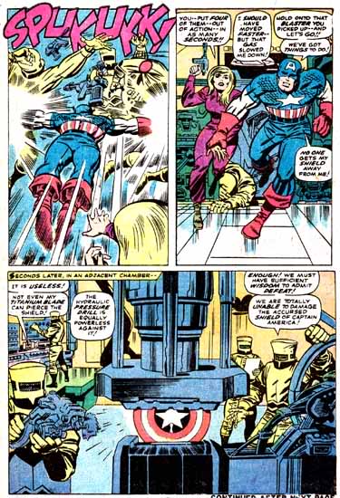 Capitão América e Sharon Carter combatem a IMA em suas aventuras solo. Por Lee e Kirby.