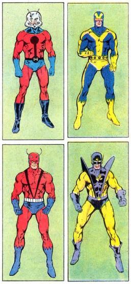 Hank Pym e suas identidades: (sentido horário) Homem-Formiga, Gigante (2), Jaqueta Amarela e Gigante (1).